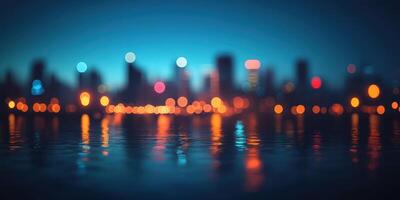 City skyline illuminated by colorful lights reflecting on water during twilight hours photo