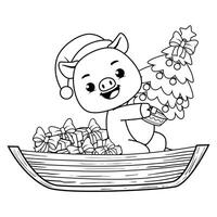 A pig in a boat with christmas tree coloring page vector