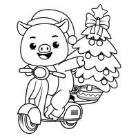 A pig riding a scooter with a christmas tree coloring page vector