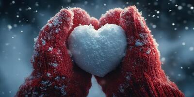 Warm red gloves hold a snow heart amidst falling snowflakes in a winter wonderland background photo