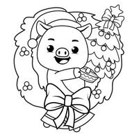 A pig with a christmas tree coloring page vector