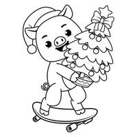 A pig riding a skateboard with a christmas tree coloring page vector