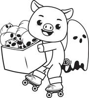 Pig on roller skates with a box of skulls vector