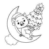 A pig sitting on the moon with christmas tree coloring page vector