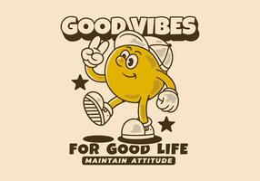 walking ball head character wearing a hat with hands forming a peace symbol with text vector