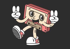 Tape cassette mascot character in happy expression, hands forming peace symbol. in pink colors vector