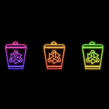basura lata con reciclaje símbolo icono. neón estilo. vector