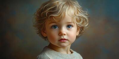 Child with curly hair and blue eyes gazing thoughtfully at the viewer in a soft setting photo