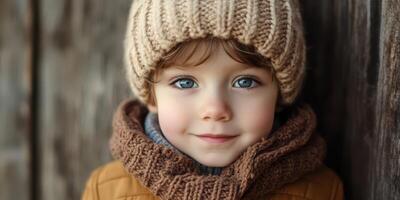 Young child with blue eyes and knitted hat smiles warmly in rustic setting during winter season photo