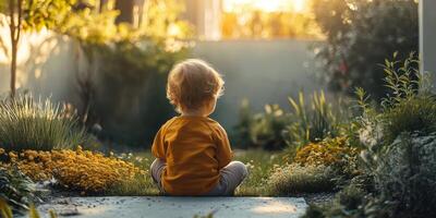Child sitting quietly in a colorful garden at sunset enjoying nature's beauty and tranquility photo