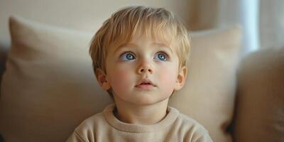 Young child with bright blue eyes gazes thoughtfully while sitting on soft cushions in a cozy indoor space during the afternoon photo