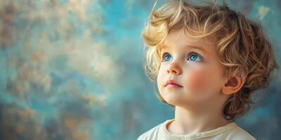 Child with curly hair gazes thoughtfully upward in a soft, colorful background photo