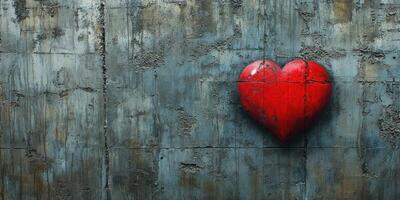 Heart mural on concrete wall displaying vibrant red against weathered gray background photo