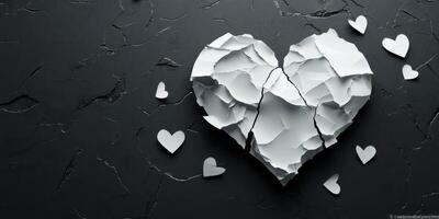Broken heart made of crumpled white paper on dark textured surface with small paper hearts scattered around photo