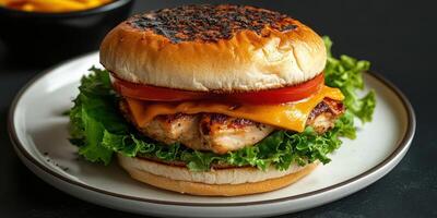 Grilled chicken burger with cheese, lettuce, and tomato served on a plate with fries in the background photo