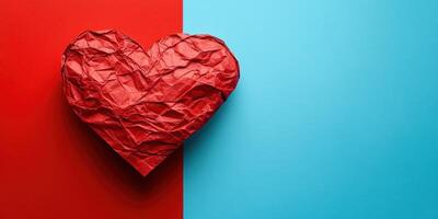 Crumpled red heart shape on a divided blue and red background representing love and emotions photo