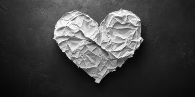Crumpled paper heart symbolizing love and creativity on a dark textured surface photo