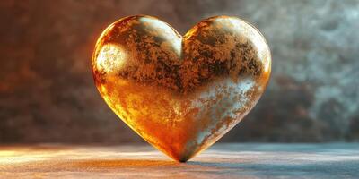 Shiny golden heart sculpture on a textured surface illuminated by warm light in a creative setting photo