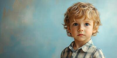 Young child with curly hair poses against a soft blue background in a indoor setting during daylight photo