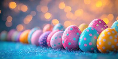 Colorful decorated Easter eggs arranged on a vibrant background with soft bokeh lighting effect during spring festivities photo