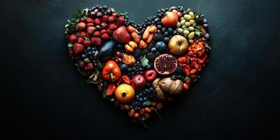Heart-shaped arrangement of colorful fruits and vegetables on a dark surface creates a visual feast for health enthusiasts photo