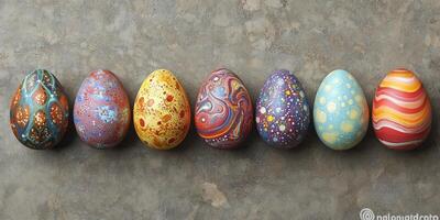 Colorful decorated eggs displayed in a row, showcasing unique artistic designs during a festive occasion photo