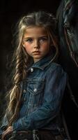 Young girl with braided hair in denim jacket leaning close to a horse in a dimly lit stable photo