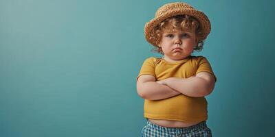 Child with curly hair in yellow shirt and straw hat showing displeasure against a blue background during summer photo
