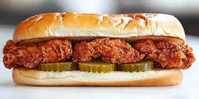 Crispy fried chicken sandwich with pickles on a soft bun presented on a simple background photo