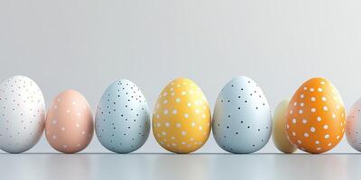 Colorful decorated eggs arranged in a row for spring celebration or Easter festivities in a minimalist setting photo