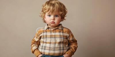 Child poses confidently with a serious expression in a cozy indoor setting during daytime photo