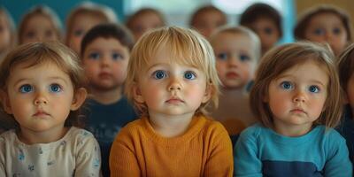 Children with striking blue eyes attentively observing in a colorful classroom setting photo