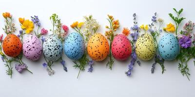 Colorful speckled Easter eggs arranged with vibrant spring flowers on bright background photo