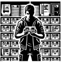 A man holding a game controller in front of a wall of game consoles vector