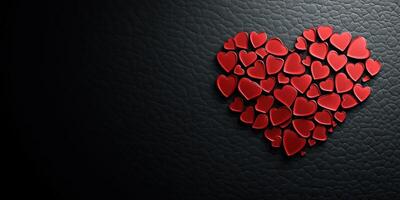 Heart shape made of small red hearts on a textured black background for romantic designs photo