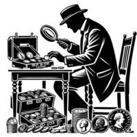 A man in a suit is looking at a desk with coins vector