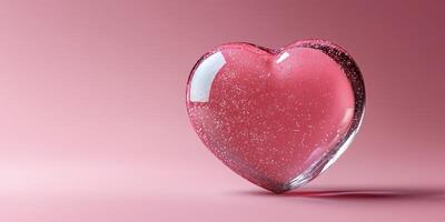 Transparent heart shaped object with glitter on pink background creates a romantic atmosphere perfect for decoration or gift photo