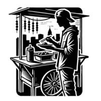 A man is standing at a food cart vector