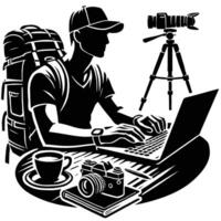 A man with a backpack and laptop is working on his computer vector