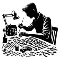 A man is working on a model of a house vector