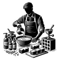 A black and white illustration of a man making soap vector