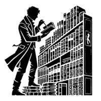 A man in a trench coat is standing in front of a library vector