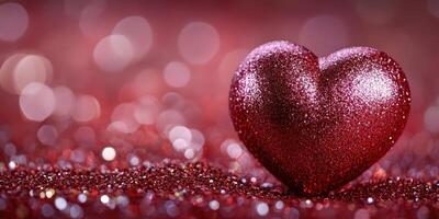 Heart shaped glitter decoration on a shimmering red background for celebrations and romantic occasions photo