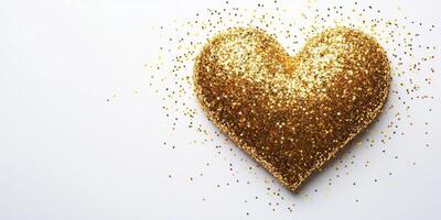 Sparkling golden heart shape with glitter scattered on a white background for celebration or decoration photo