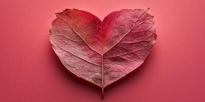 Heart-shaped leaf resting on a textured red surface in artistic arrangement photo