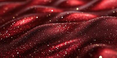 Shimmering red fabric waves adorned with glimmering particles under soft light in a warm atmosphere photo