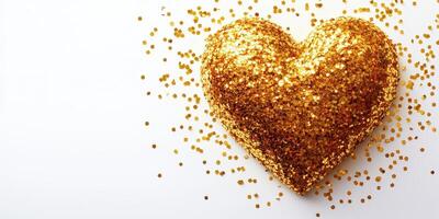 Golden heart shape covered in glitter with sparkling decorations on a white background perfect for celebrations photo