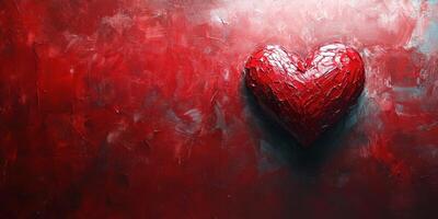 Textured red heart artwork against a deep red background with rich color variations and subtle gloss in an artistic display photo