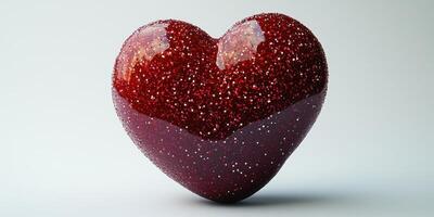 Glittering red heart sculpture showcased against a simple gray backdrop photo