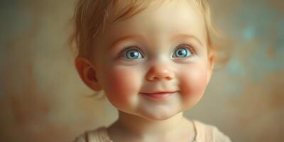 Portrait of a cheerful toddler with bright blue eyes and a joyful expression in a soft, warm background photo